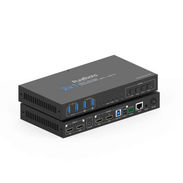 PT-SW-UH21DS-40G PureTools - 2x1 HDMI 2.1 dviejų ekranų KVM komutatorius - 40Gbps - dviejų ekranų, keturi USB, greitas perjungimas HDMI / USB-C + 100W PD