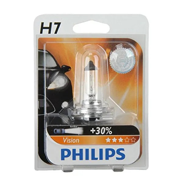 Philips lemputės Vision +30%, H7, 55W, 1vnt. 12972PRB1 - Lemputė su pakuote ir automobiliu