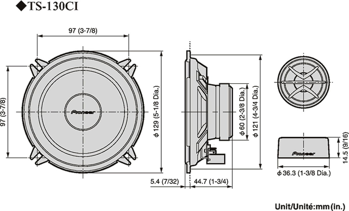 Pioneer 13cm 2-TIE ERILLISSARJA TS-130Ci - brėžiniai su matmenimis ir detalėmis