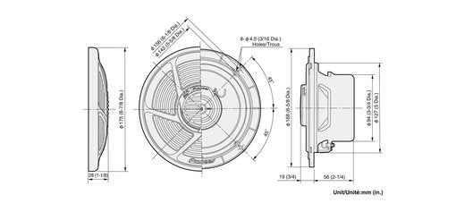 Pioneer 16 cm 2-jų krypčių drėgmei atsparus garsiakalbis TS-MR1640 - techniniai brėžiniai su matmenimis