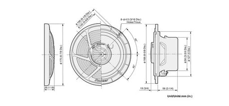 Pioneer 16 cm 2-jų krypčių drėgmei atsparus garsiakalbis TS-MR1640 - techniniai brėžiniai su matmenimis