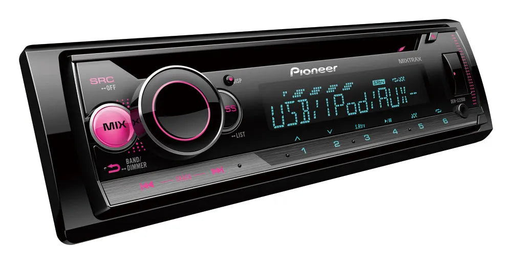 Pioneer DEH-S220UI, 1-DIN CD automagnetola su USB ir Spotify - Mygtukai ir apšviestas ekranas iš arti