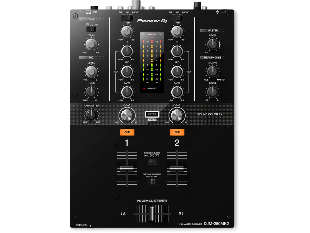 Pioneer DJ - DJM-250MK2 mikseris - detalus vaizdas su valdymo elementais