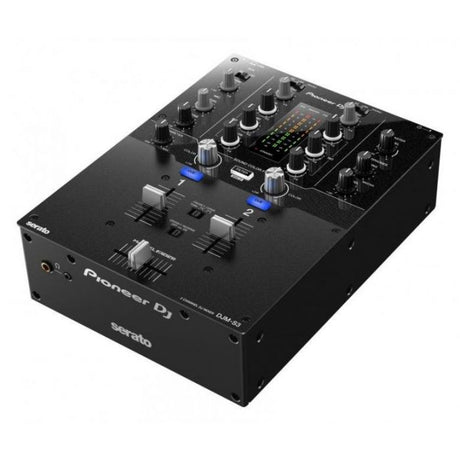 Pioneer DJ - DJM-S3 mikseris - šoninis vaizdas su jungtimis ir logotipais