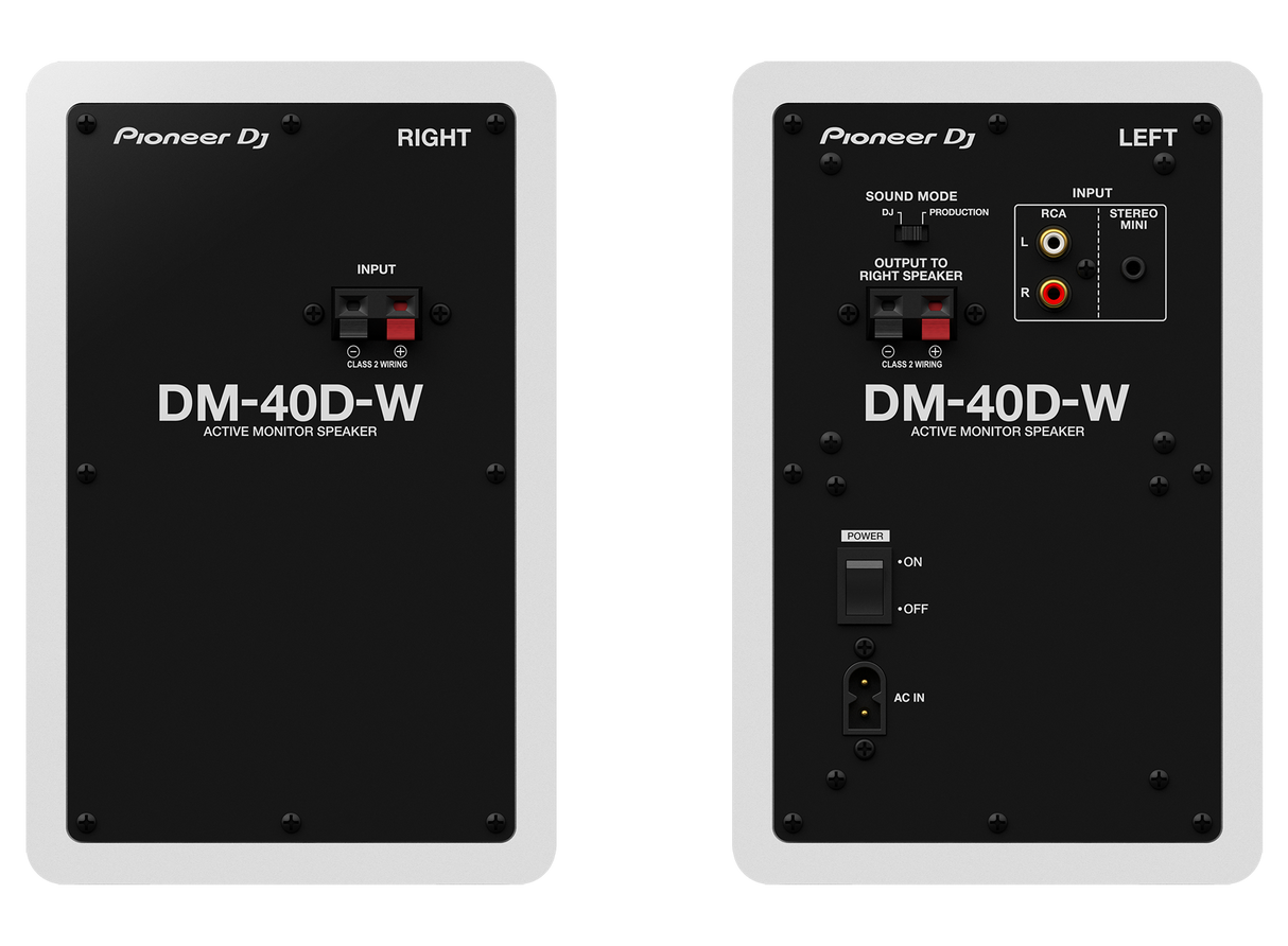 Pioneer DJ - DM-40D monitor garsiakalbiai (Balti) 4″ PORA - galinės panelės su jungtimis ir jungikliais