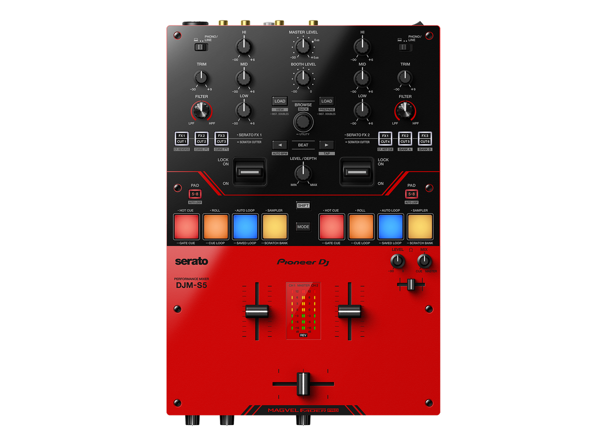 Pioneer DJM-S5 2 kanalų mūšio mikseris - Raudonas korpusas su juodais mygtukais ir faderiais