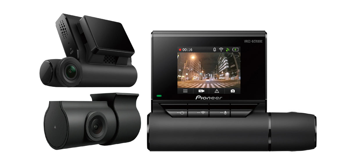 Pioneer Full HD kojelautakamera VREC-DZ700DC - du priekiniai kameros moduliai ir ekranas