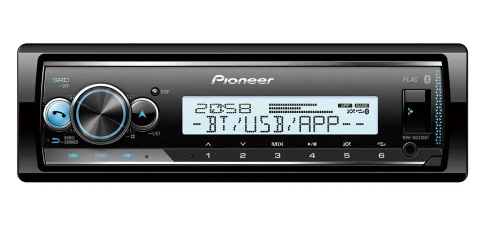 Pioneer MVH-MS510BT, Marine 1-DIN grotuvas su Bluetooth - priekinė panelė su mygtukais ir ekranu