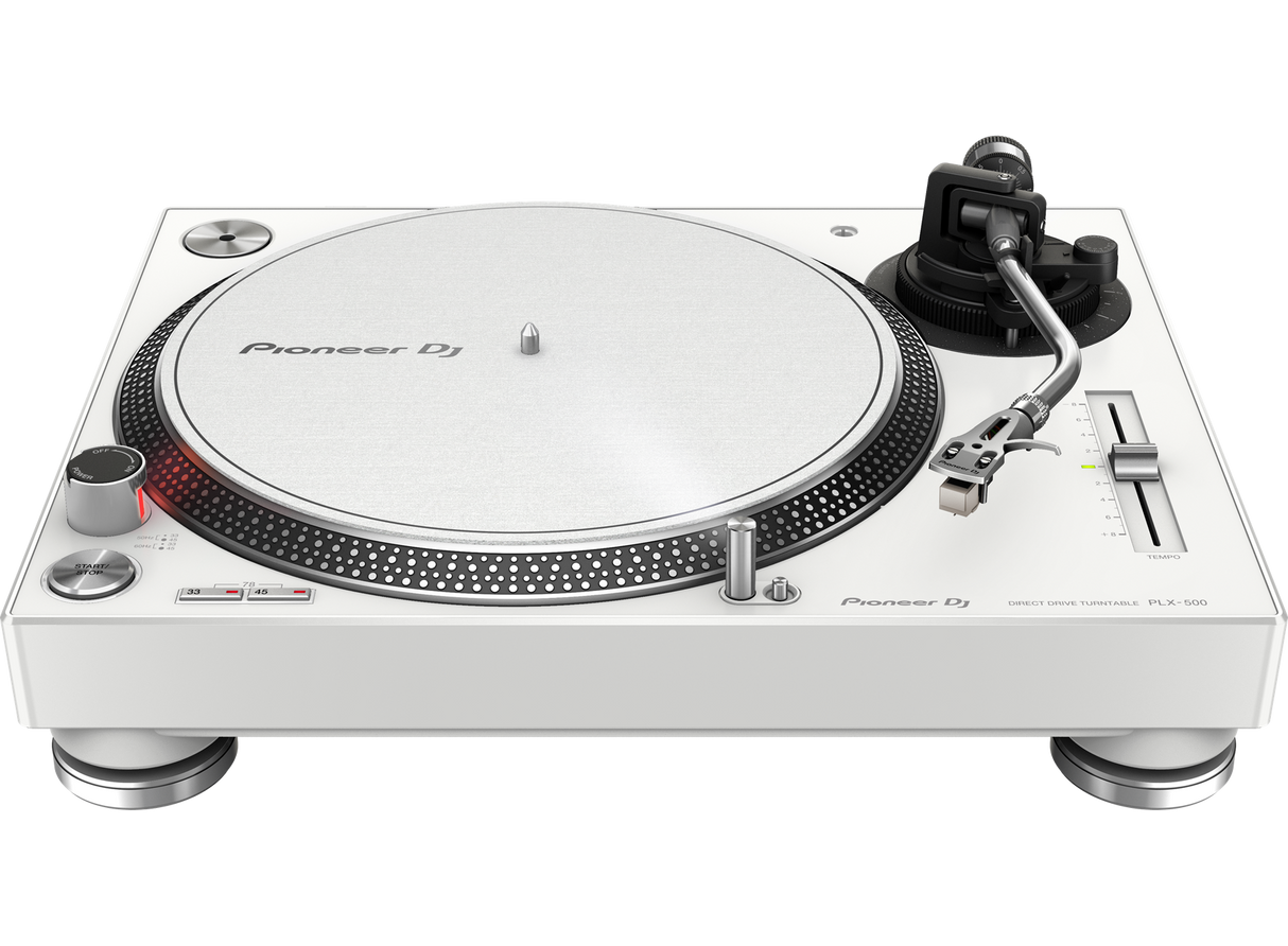 Pioneer PLX-500-W DJ vinilinė plokštelė (Balta) - baltas grotuvas su rankenėlėmis ir svirtimi
