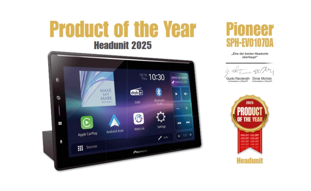 Pioneer SPH-EVO107DAB-UNI, 10.1″ automobilinė multimedija su belaidžiu Apple CarPlay ir Android Auto - ekranas su meniu ir mygtukais