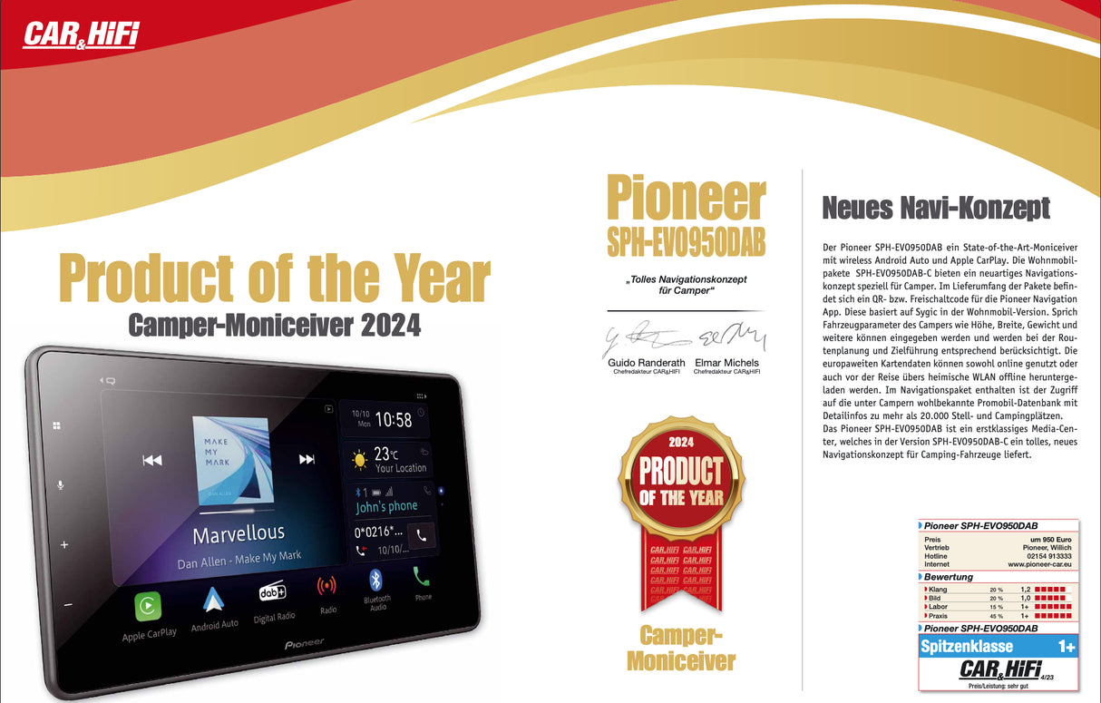 Pioneer SPH-EVO950DAB-UNI, 9.0" automobilinė multimedija su belaidžiu Apple CarPlay ir Android Auto - ekranas su navigacijos ir muzikos vaizdais