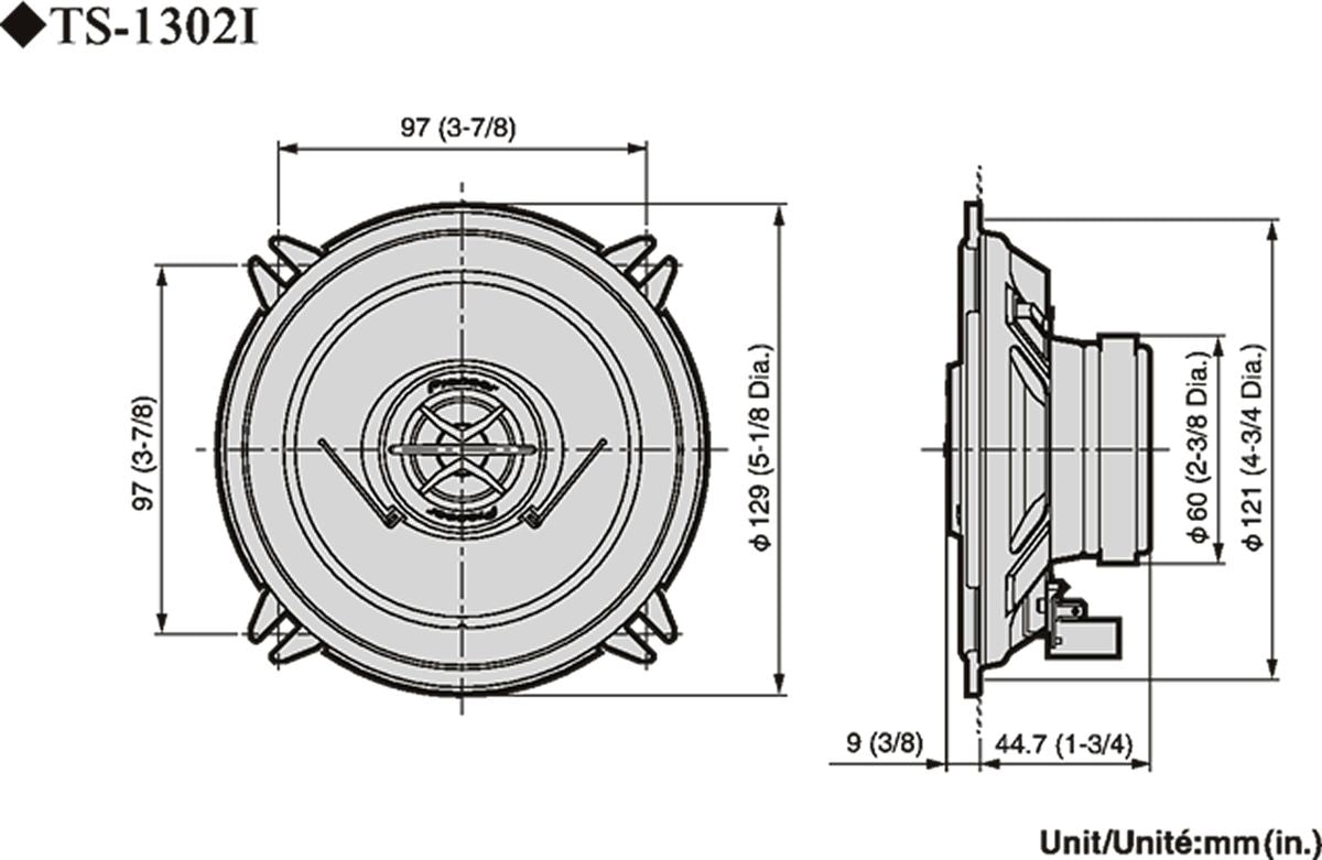 Pioneer TS-1302i - brėžiniai su matmenimis ir šoninis vaizdas