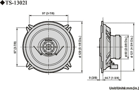 Pioneer TS-1302i - brėžiniai su matmenimis ir šoninis vaizdas