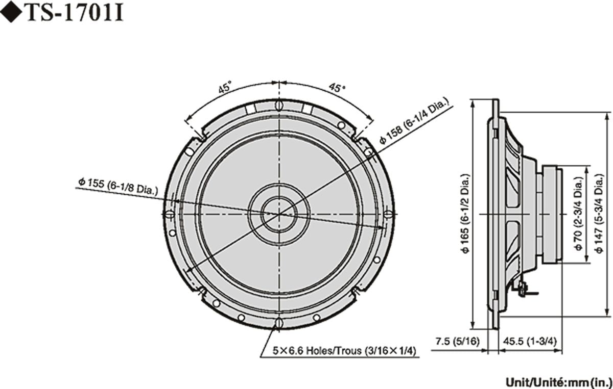 Pioneer TS-1701i - techninis brėžinys su matmenimis ir kampais