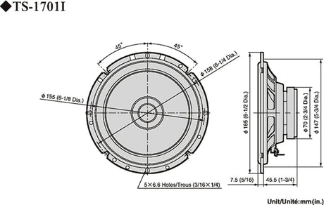 Pioneer TS-1701i - techninis brėžinys su matmenimis ir kampais
