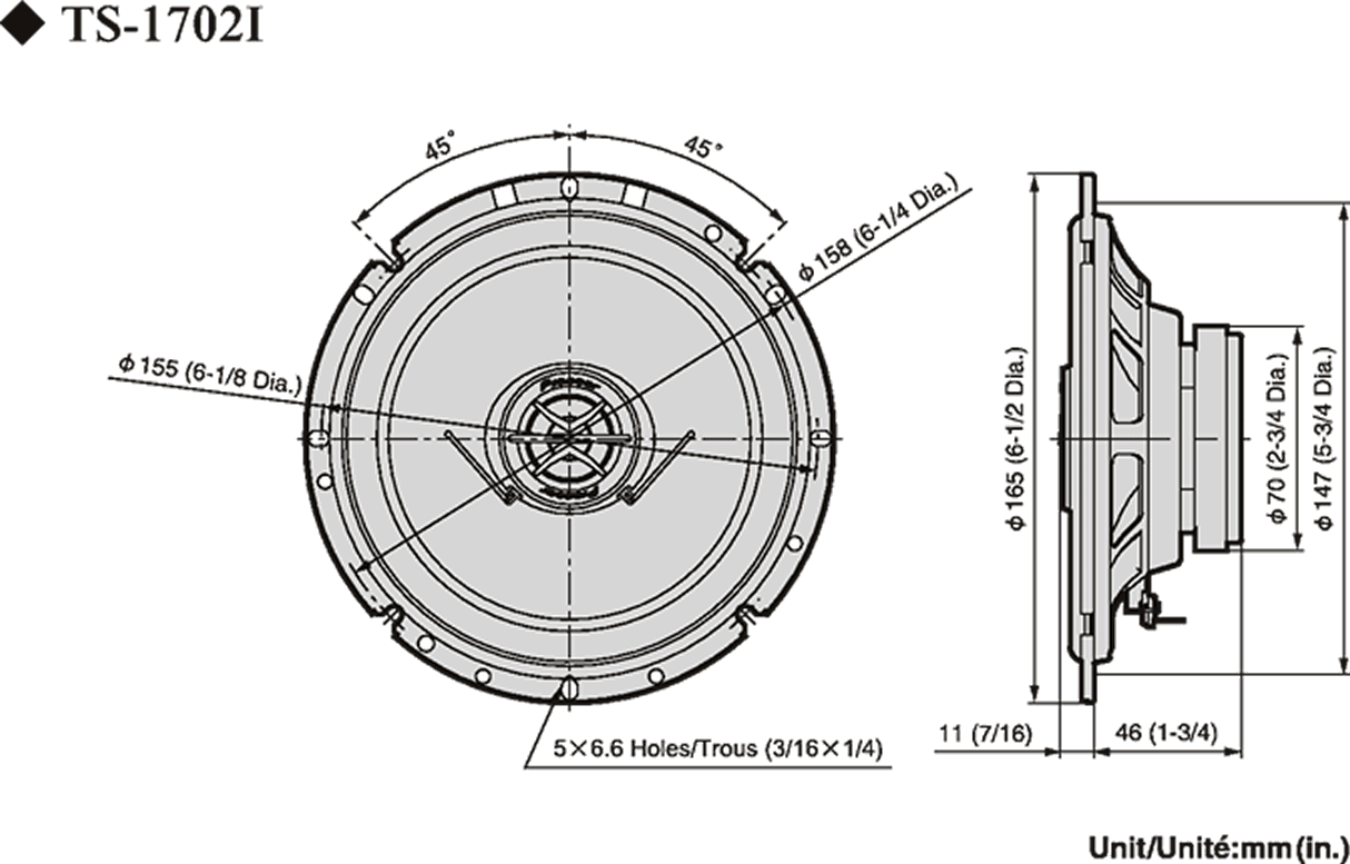 Pioneer TS-1702i - techninis brėžinys su matmenimis