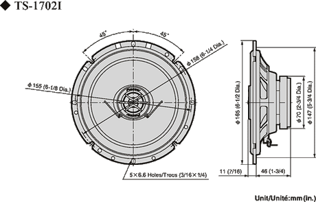 Pioneer TS-1702i - techninis brėžinys su matmenimis