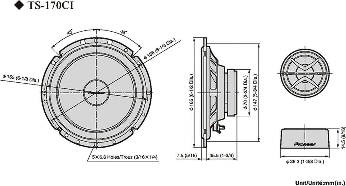 Pioneer TS-170Ci - techniniai brėžiniai su matmenimis ir kampais
