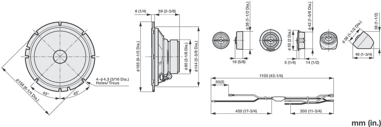Pioneer TS-A1601C - matmenys ir montavimo detalės