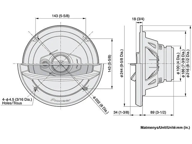 Pioneer, TS-A2013i 20cm 3-juostų automobiliniai garsiakalbiai - Matmenys ir techninis brėžinys