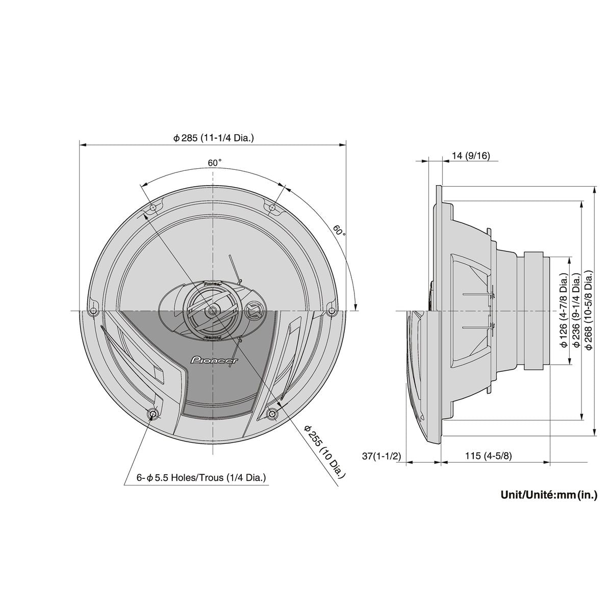 Pioneer TS-A2503i - techniniai brėžiniai su matmenimis