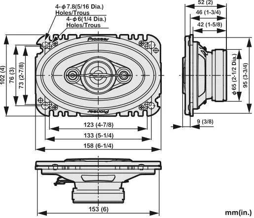 Pioneer TS-A4671F - techniniai brėžiniai su matmenimis ir skylutėmis