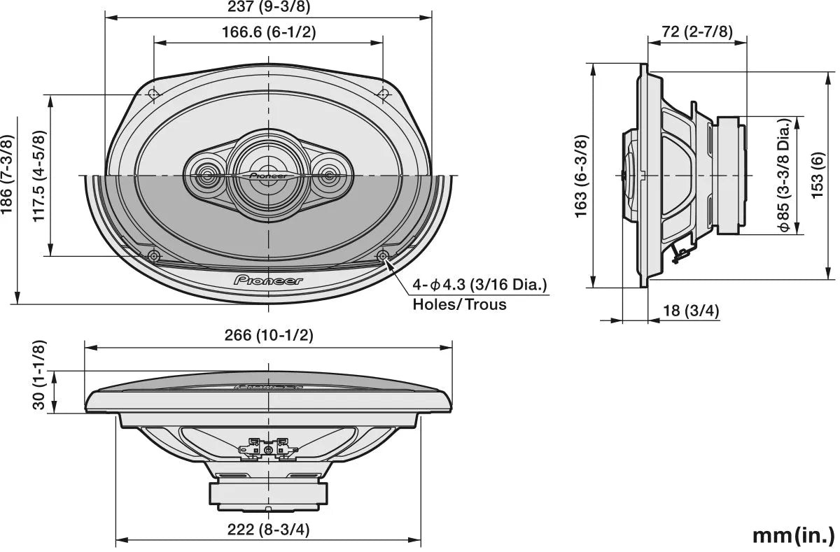 Pioneer, TS-A6971F 6x9" 5-juostų koaksialiniai garsiakalbiai - matmenys ir montavimo detalės