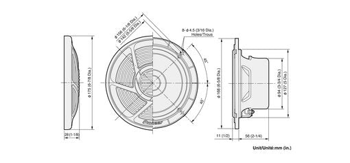Pioneer TS-MR1600 drėgmei atsparus garsiakalbis - matmenys ir kampai su matavimais