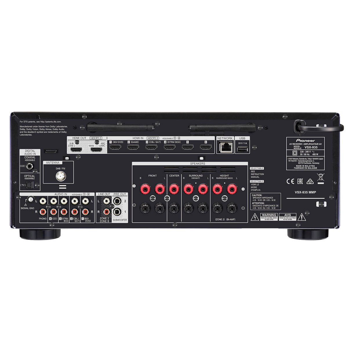 Pioneer VSX-935, 7.2 kanalų 8K AV Resyveris-Stiprintuvas - galinė panelė su jungtimis ir etiketėmis
