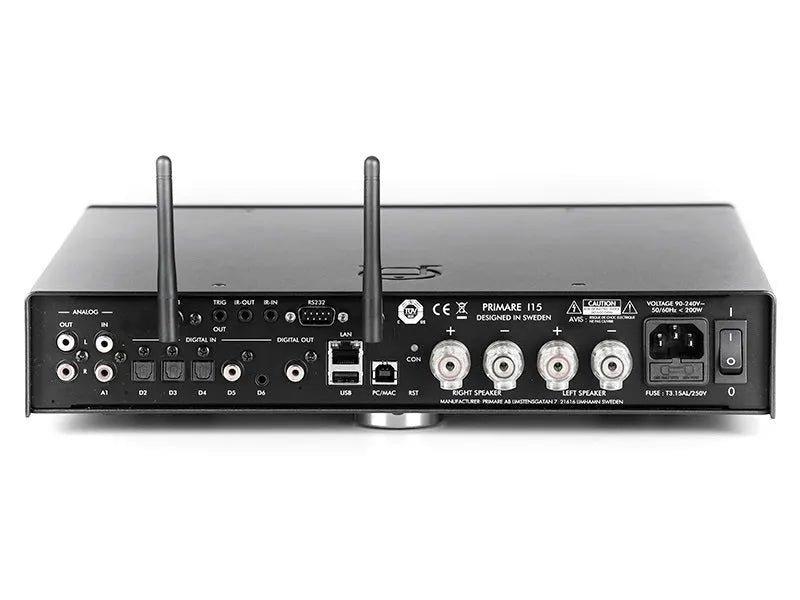 Primare I15 MK2 Prisma, integruotas stereo stiprintuvas su tinklo grotuvu - galinė panelė su jungtimis ir antenomis