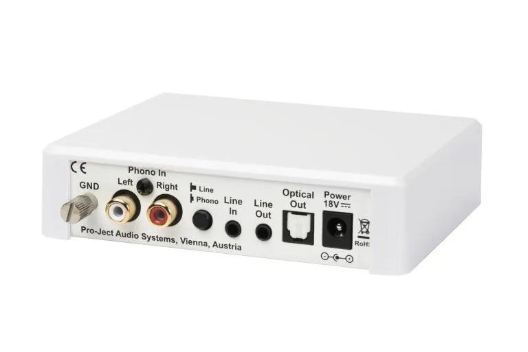 Pro-Ject Optical Box E Phono, pradinis Phono stiprintuvas (įvairių spa - Galinė panelė su jungtimis ir maitinimo įvestimi