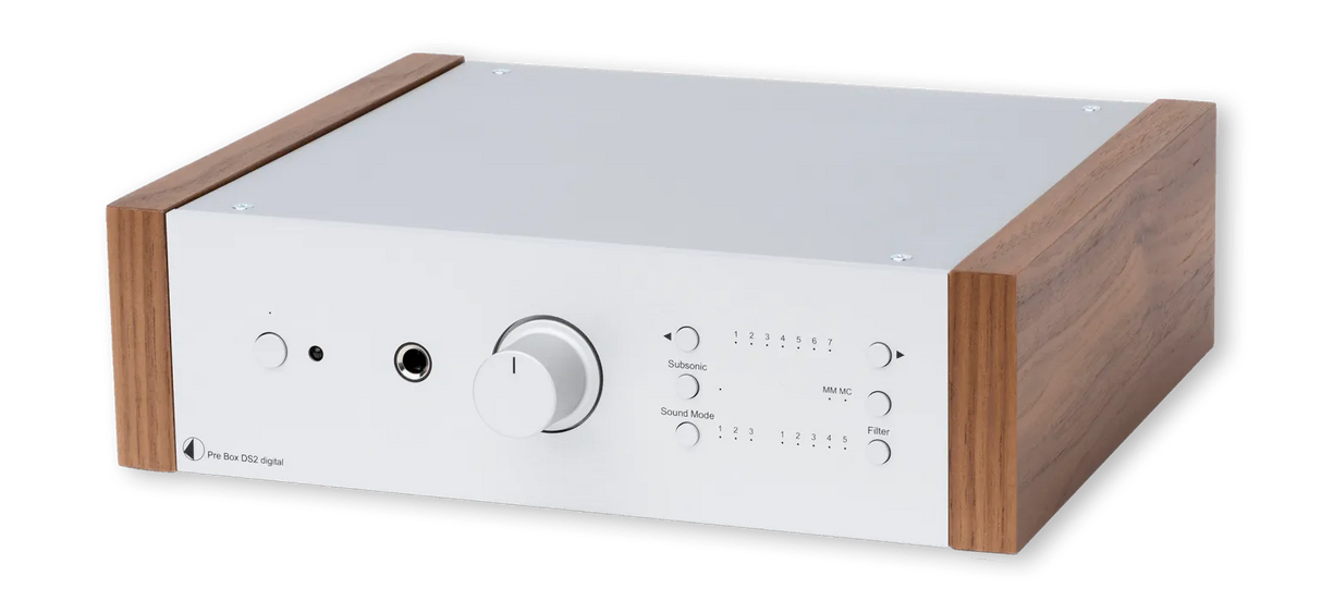Pro-Ject Phono Pre Box DS2 Digital, Phono pradinis stiprintuvas - medinės šoninės panelės ir valdymo mygtukai