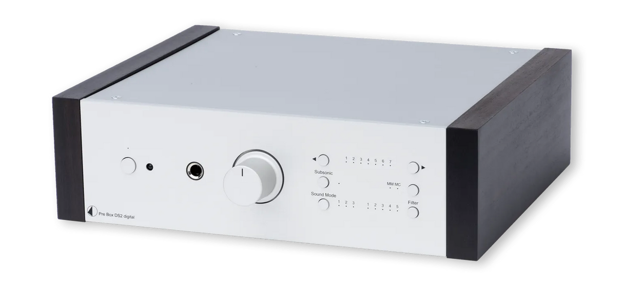 Pro-Ject Phono Pre Box DS2 Digital, Phono pradinis stiprintuvas - Šoninis vaizdas su medinėmis apdailomis
