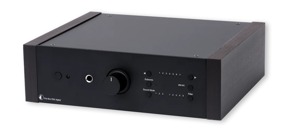 Pro-Ject Phono Pre Box DS2 Digital, Phono pradinis stiprintuvas - Mediniai šoniniai elementai, valdymo mygtukai ir jungtys