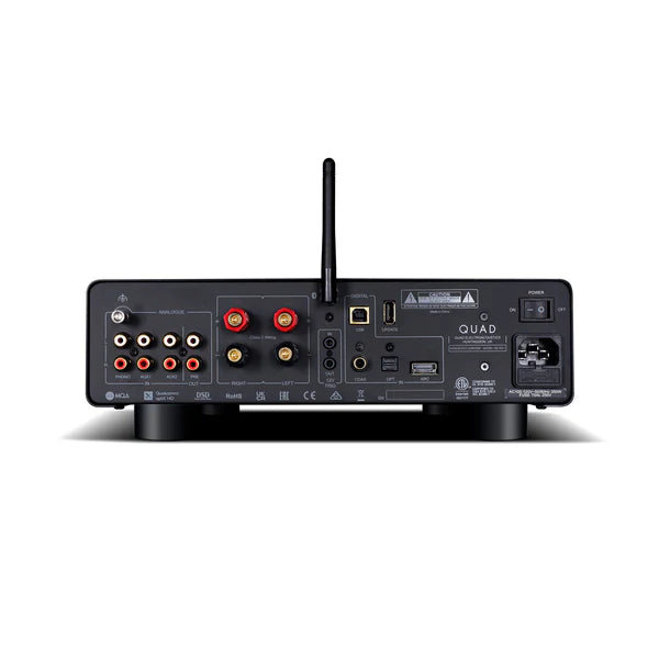 Quad 3, integruotas stereo stiprintuvas - galinė panelė su daugybe jungčių ir antena