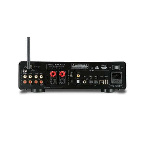 Quad VENA II, integruotas stereo stiprintuvas - Galinė panelė su jungtimis ir antena