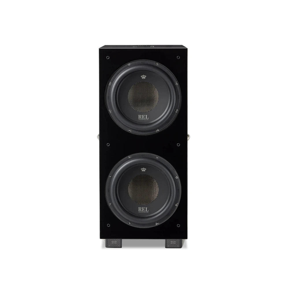 REL 212 Black Label, 12" aktyvi žemų dažnių garso kolonėlė, 1000 W - Dvi žemų dažnių garsiakalbių sistemos apačioje
