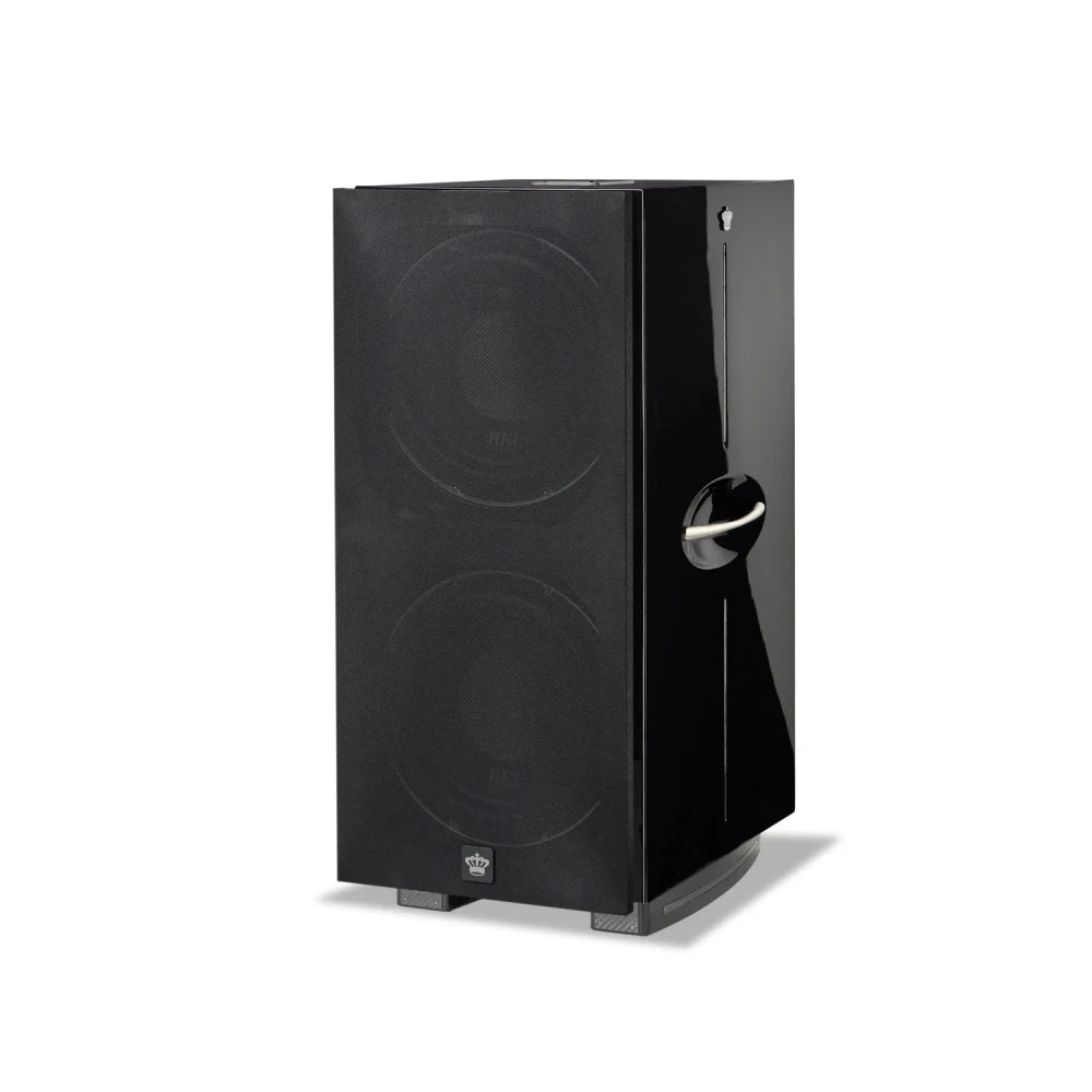 REL 212 Black Label, 12" aktyvi žemų dažnių garso kolonėlė, 1000 W - Šoninis vaizdas su rankena ir logotipu