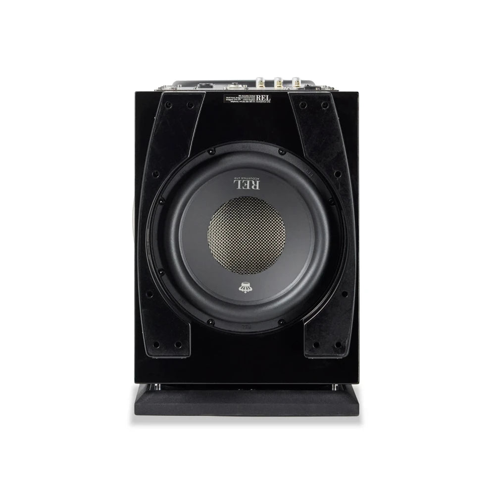 REL 212 Black Label, 12" aktyvi žemų dažnių garso kolonėlė, 1000 W - viršutinė panelė su jungtimis