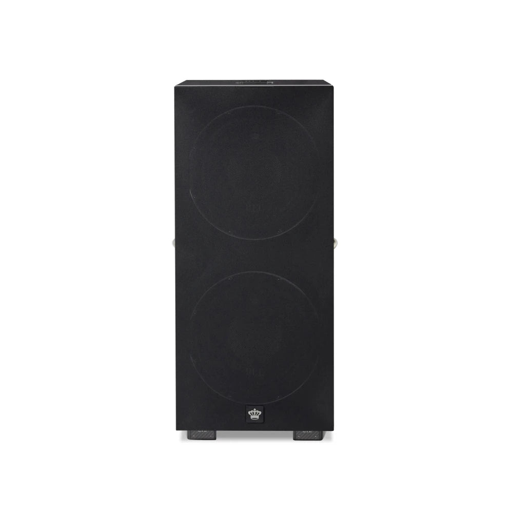 REL 212 Black Label, 12" aktyvi žemų dažnių garso kolonėlė, 1000 W - dviejų garsiakalbių priekis su logotipu