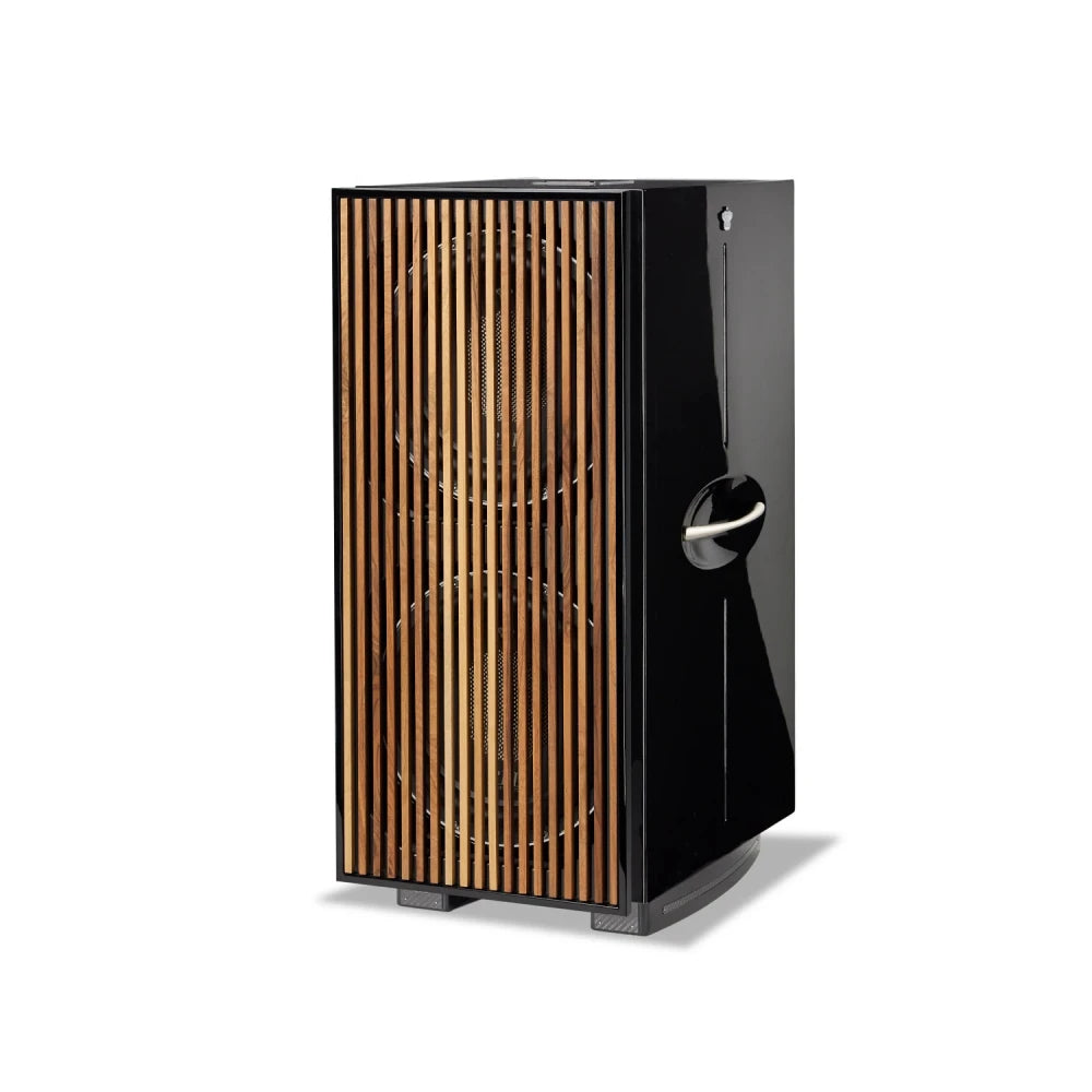 REL 212 Black Label, 12" aktyvi žemų dažnių garso kolonėlė, 1000 W - Šoninis vaizdas su rankena ir jungtimi