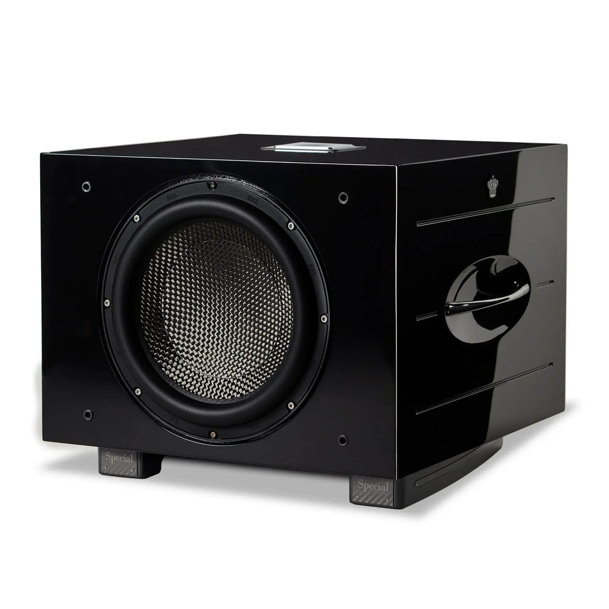 REL Carbon Special Black Label, aktyvi žemų dažnių garso kolonėlė, 900W - Šoninis vaizdas su rankena