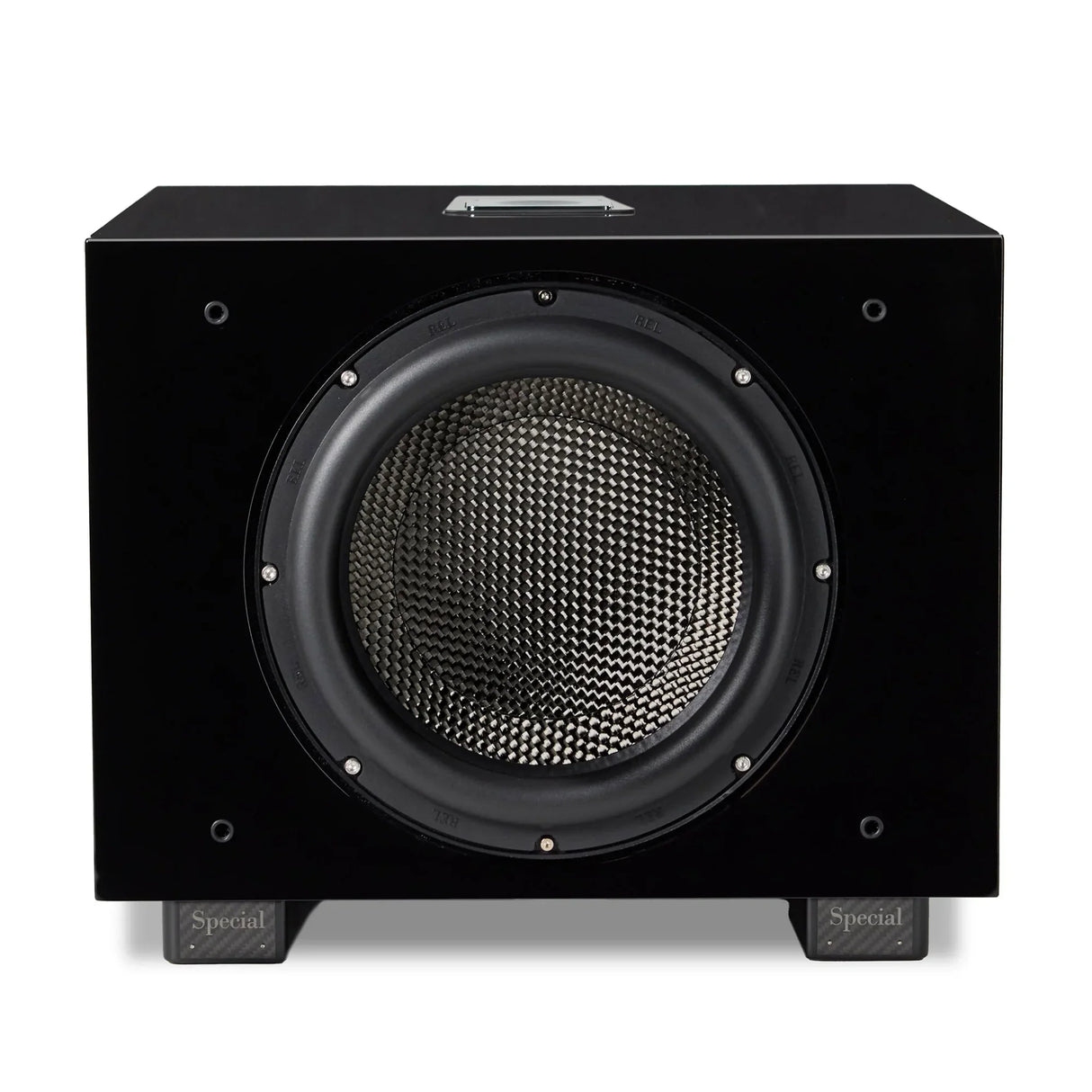 REL Carbon Special Black Label, aktyvi žemų dažnių garso kolonėlė, 900W - Juodas garsiakalbis su anglies pluošto kūgiu