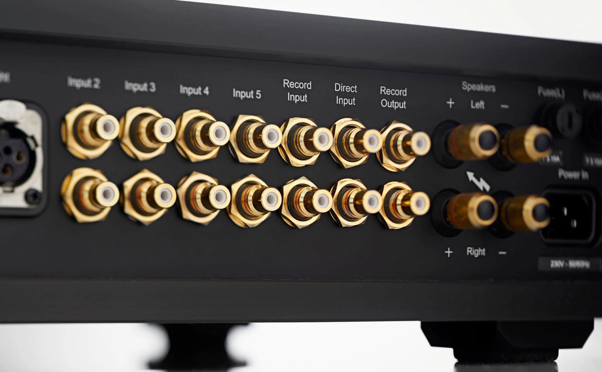 Rega OSIRIS, integruotas stereo stiprintuvas - galinė panelė su daugybe RCA jungčių