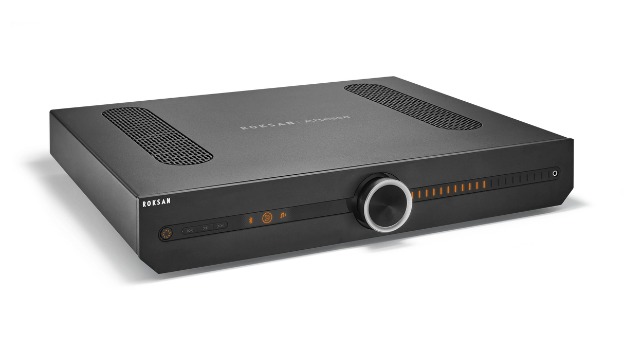 Roksan Attessa Streaming Amplifier, Stereo stiprintuvas su tinklo grotuvu - priekinė panelė su valdymo elementais ir indikatoriais