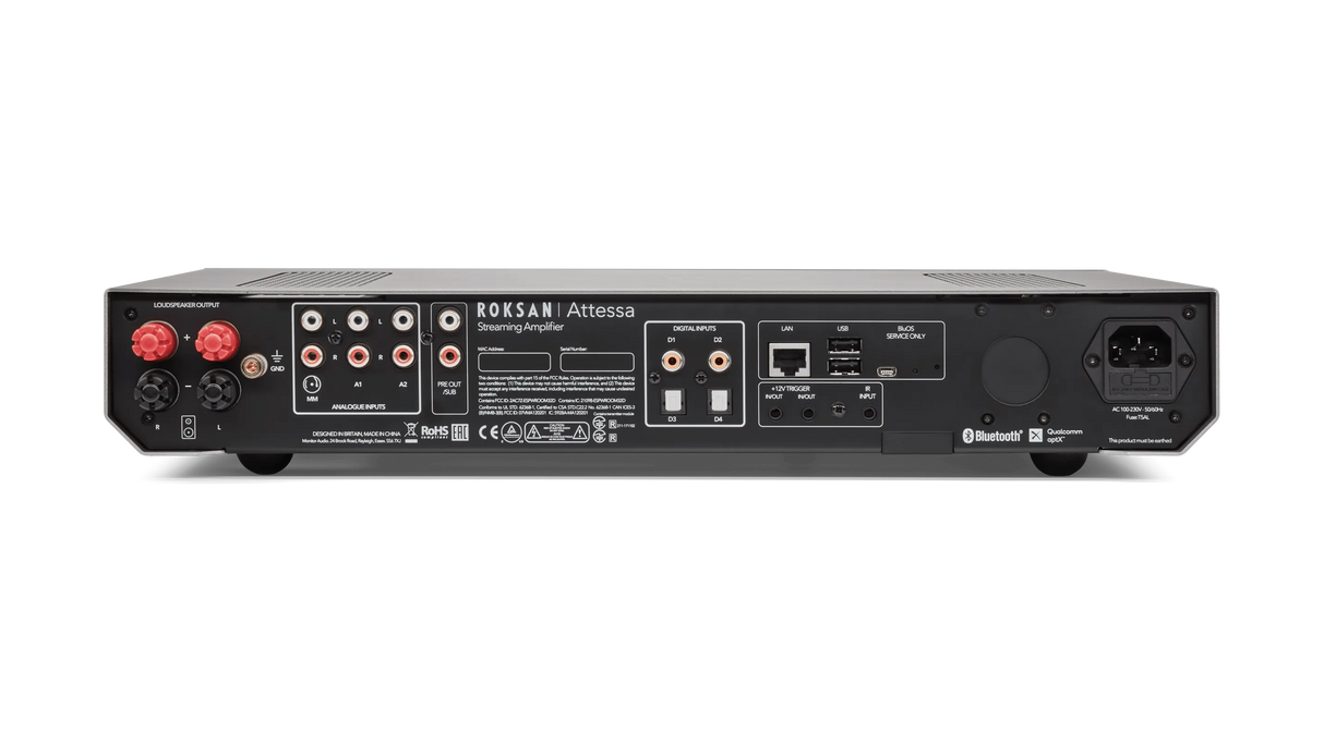 Roksan Attessa Streaming Amplifier, Stereo stiprintuvas su tinklo grotuvu - Galinė panelė su jungtimis ir sertifikatais