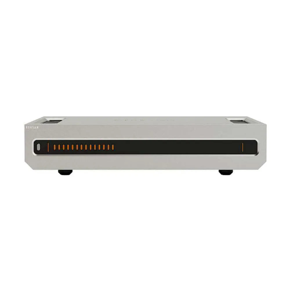 Roksan Caspian 4G Power Amplifier, galios stiprintuvas - priekinė panelė su oranžiniais indikatoriais