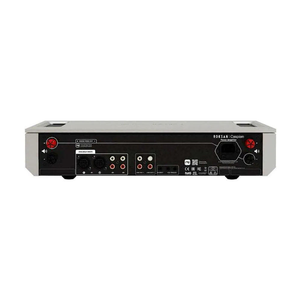 Roksan Caspian 4G Power Amplifier, galios stiprintuvas - galinė panelė su jungtimis ir sertifikatais