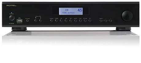 Rotel A12MKII, integruotas stereo stiprintuvas - priekinė panelė su mygtukais ir ekranėliu