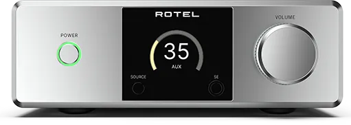 Rotel DX-5, integruotas stereo stiprintuvas su DAC ir Bluetooth - Priekinė panelė su ekranu ir valdikliais
